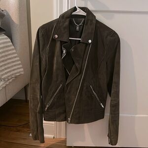 Aqua 100% leather Moto jacket. Gorgeous olive shade with silver zip accents.